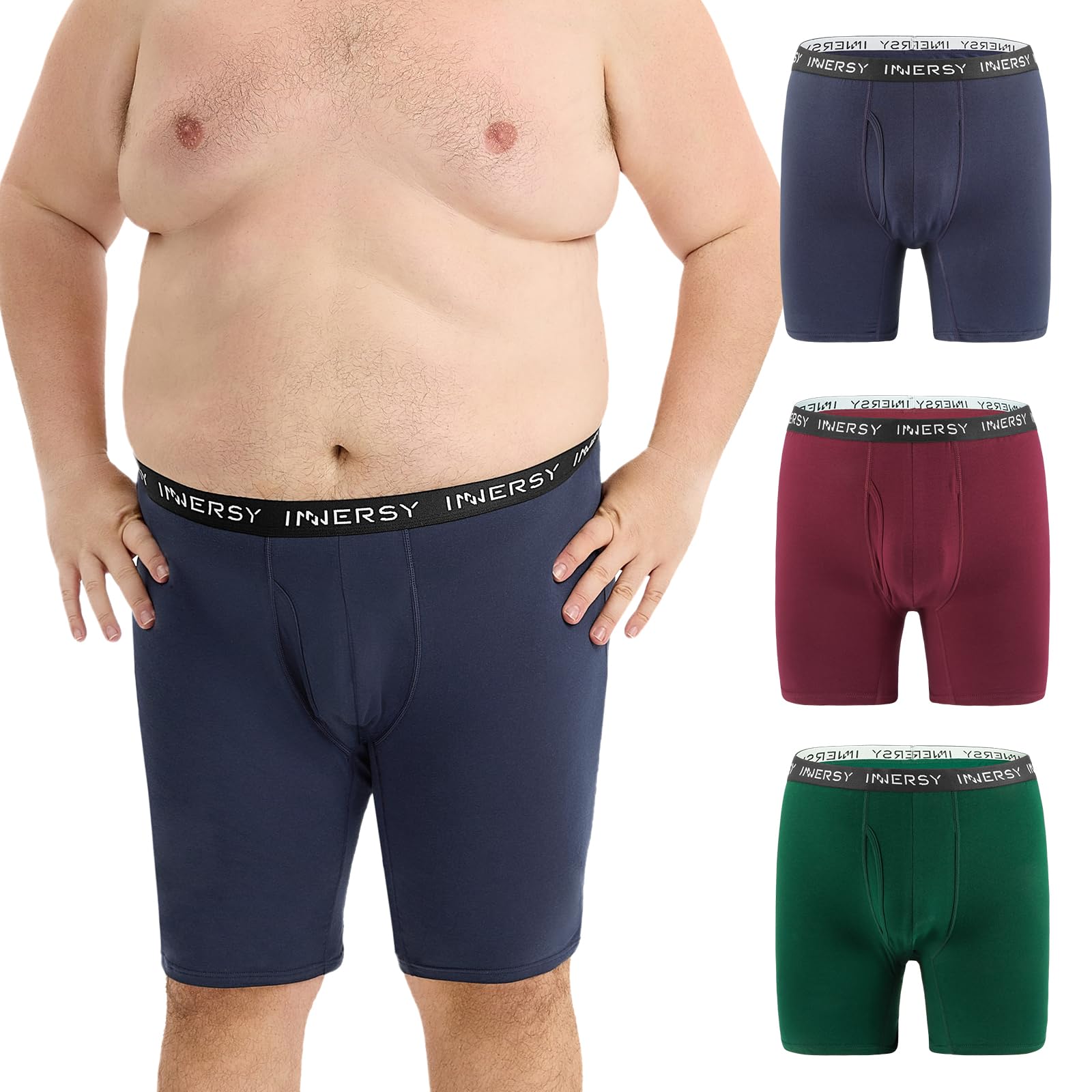 INNERSY Men's Big and Tall Long Leg Underwear 9" Inseam Anti Chafing Boxer Briefs 3-Pack