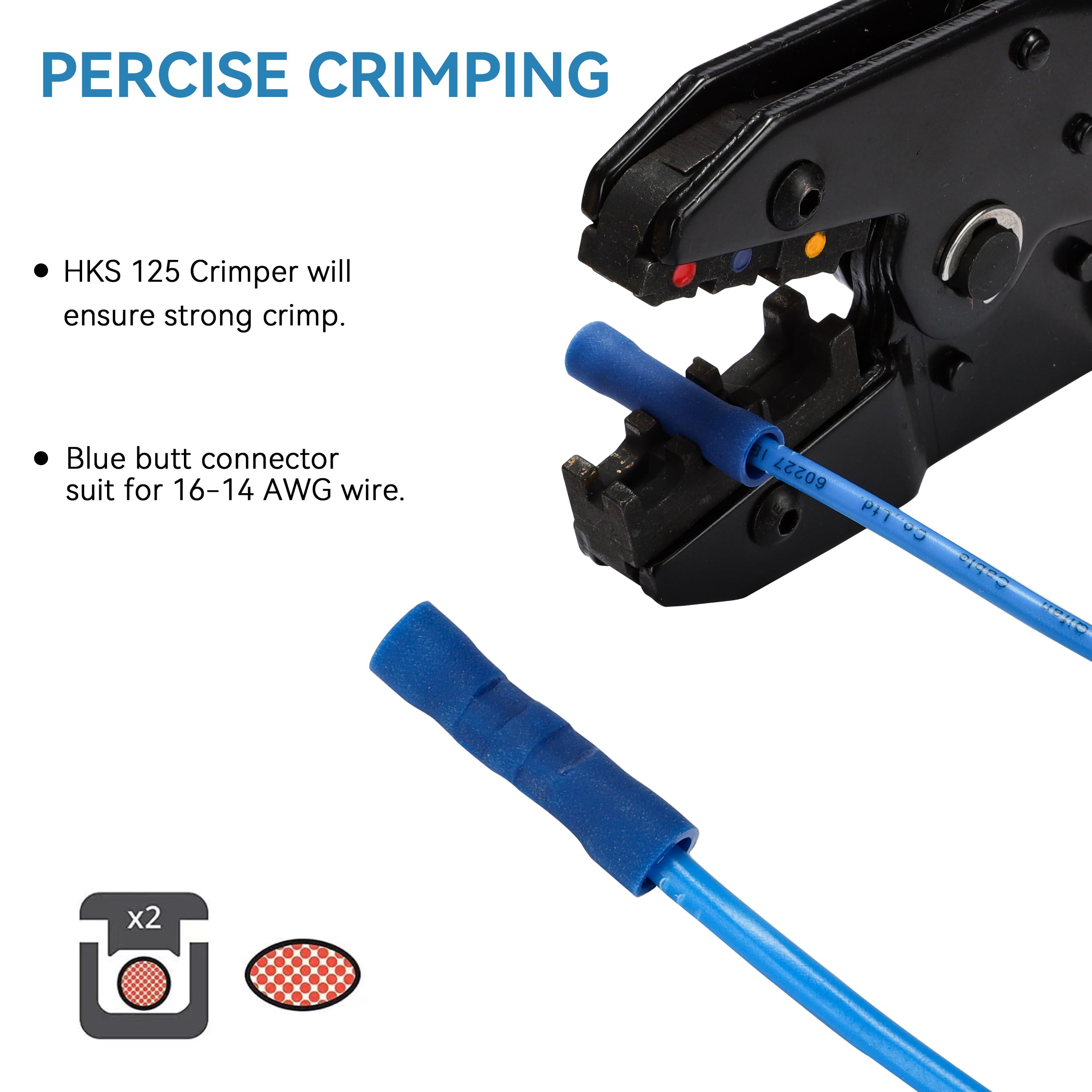 HKS Lot de 500 connecteurs bout à bout isolés en vinyle bleu 16-14 AWG – Connecteurs électriques à déconnexion rapide – Cuivre rouge étamé de 0,8 mm – Isolation à sertir automobile