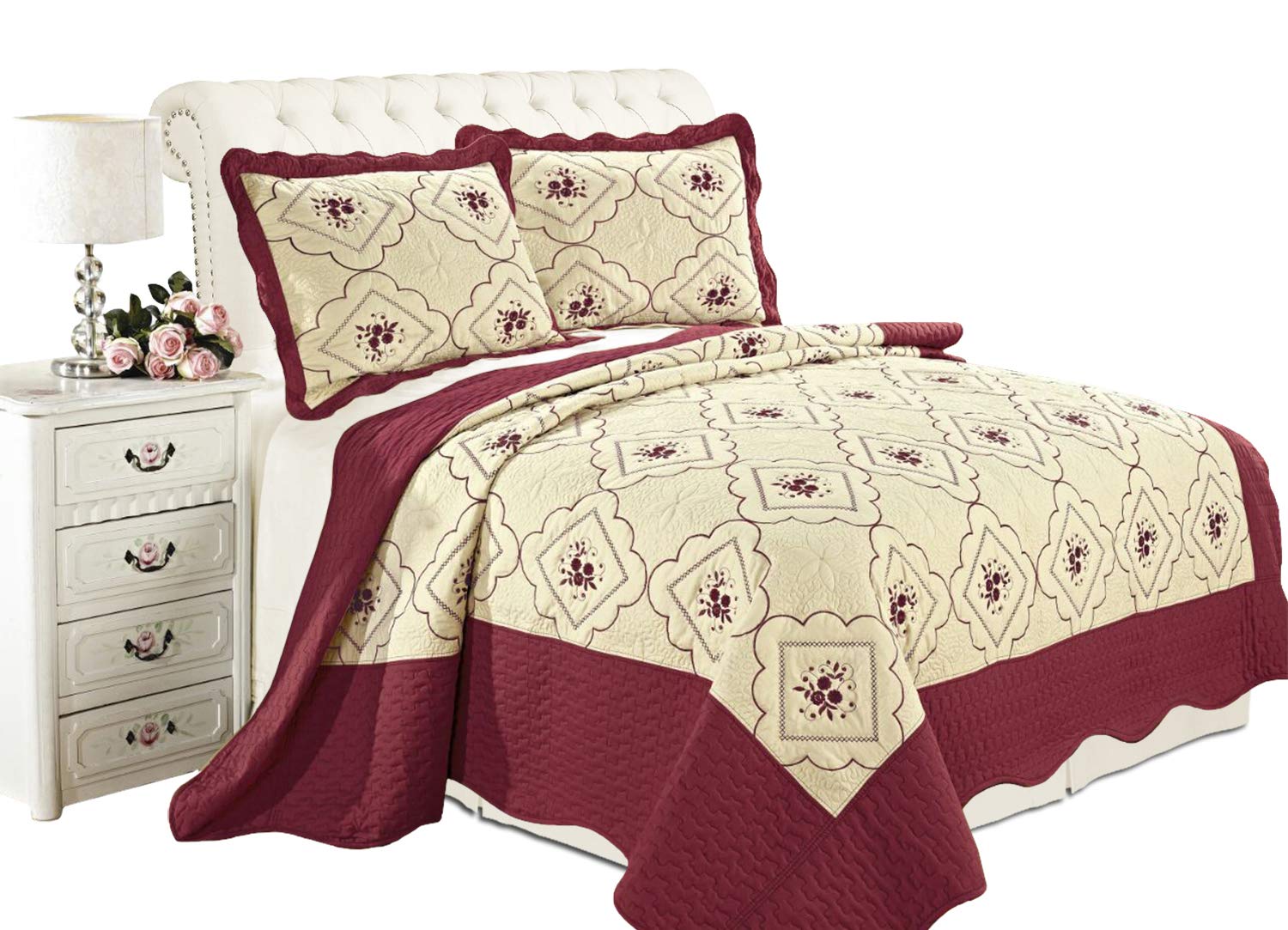 Imperial Rooms 3 piece Embroidered Quilted Poly Cotton Bedspread Beautiful Floral Bedding Sets Pillows Comforter Set (King/Burgundy) Include 1 Bedspread & 2 Pillow shams