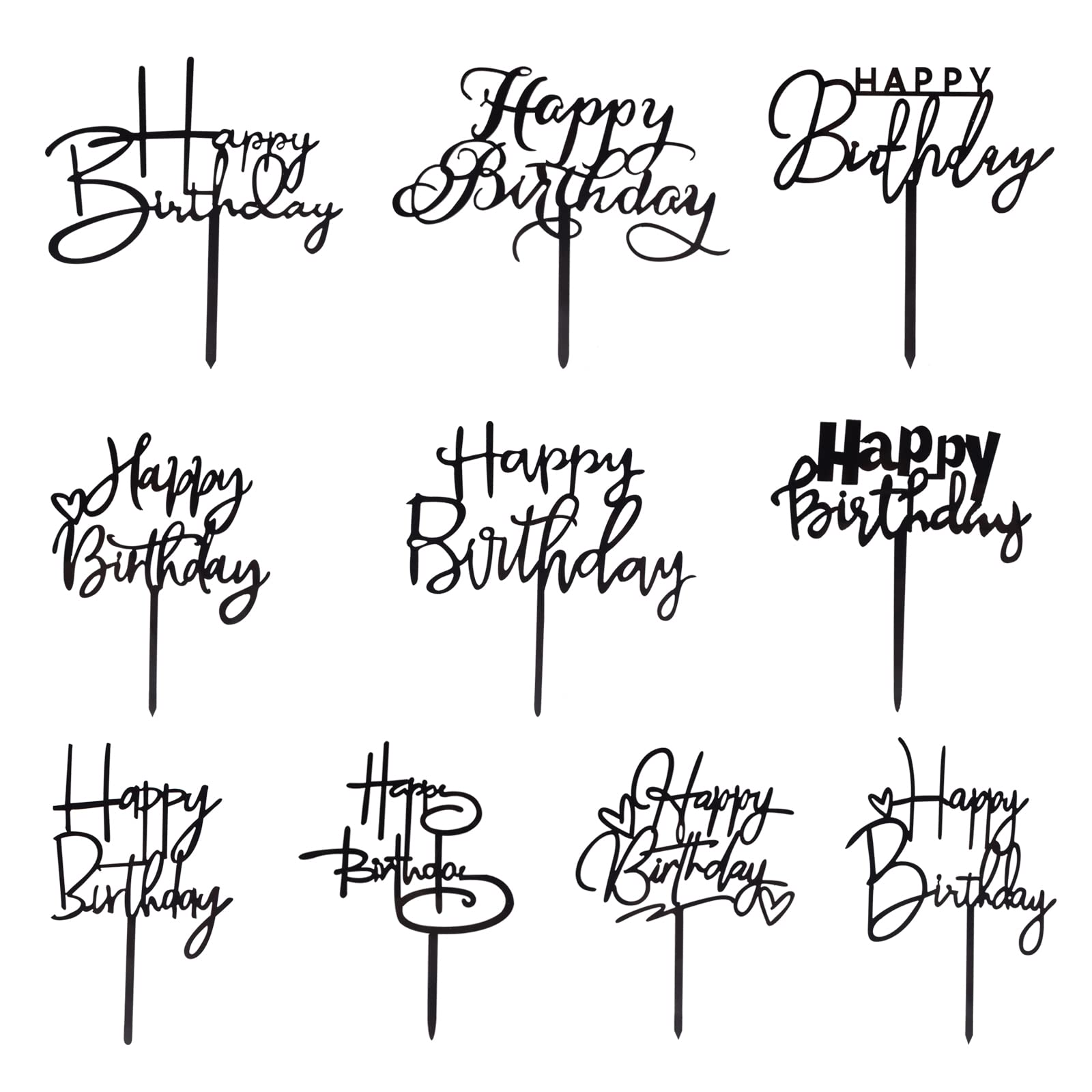 10-Pack Happy Birthday Cake Toppers,Acrylic Cake Toppers/Cupcake Toppers for Birthday Cake Supplies Decorations（Black）