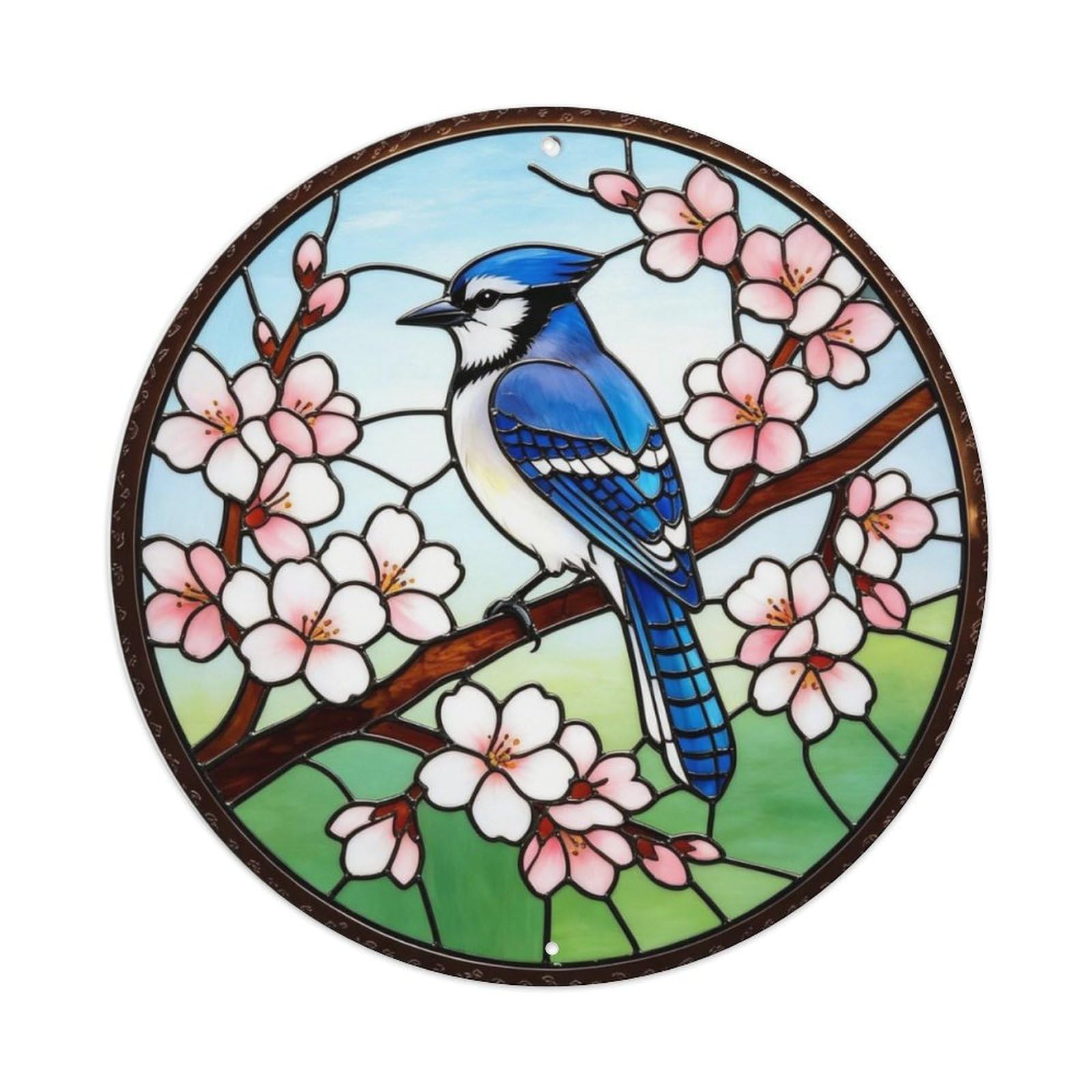 Blue Jay Bird Cherry Blossom Branch Stained Glass Metal Tin Sign Plaque