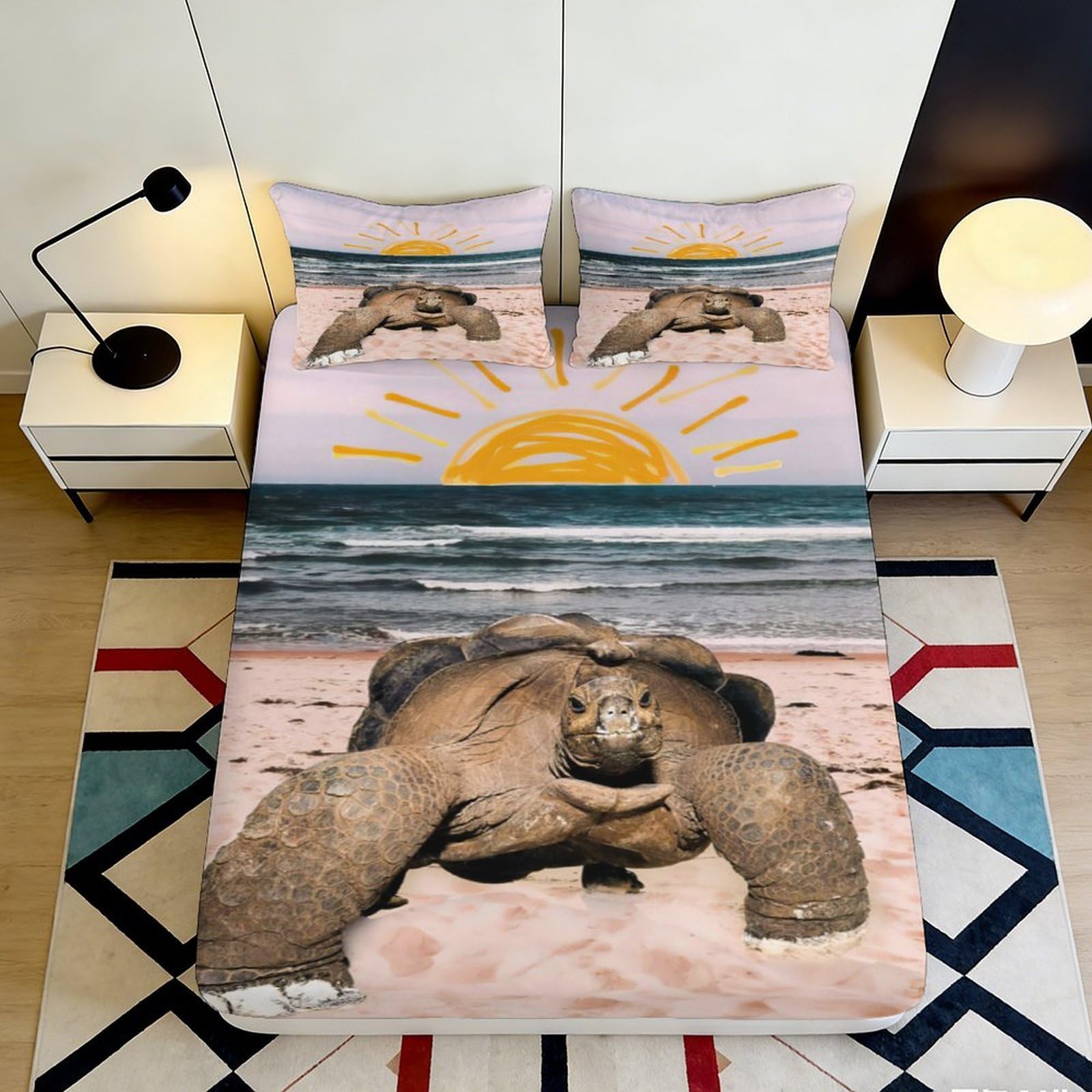 3D Printed Tortoise Beach Sunrise Fitted Sheet Microfiber Soft Bed Cover for Bedroom Guest Room Dorm Decor 90x200x25cm