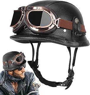German Style Half Helmet Motorcycle, Retro Open Face Helmet with Adjustable Quick Release Buckle Goggles, UV Protection, V...