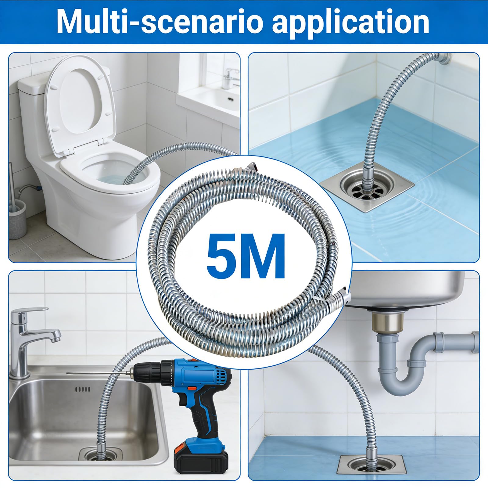 Stura Lavandini e Scarichi 5M, Sonda Sturatubi 12mm con 6 Testine, Spirale Flessibile per WC Tubi Scarico, Molla Sturatubi Acciaio con Adattatore Trapano Manuale/Elettrico
