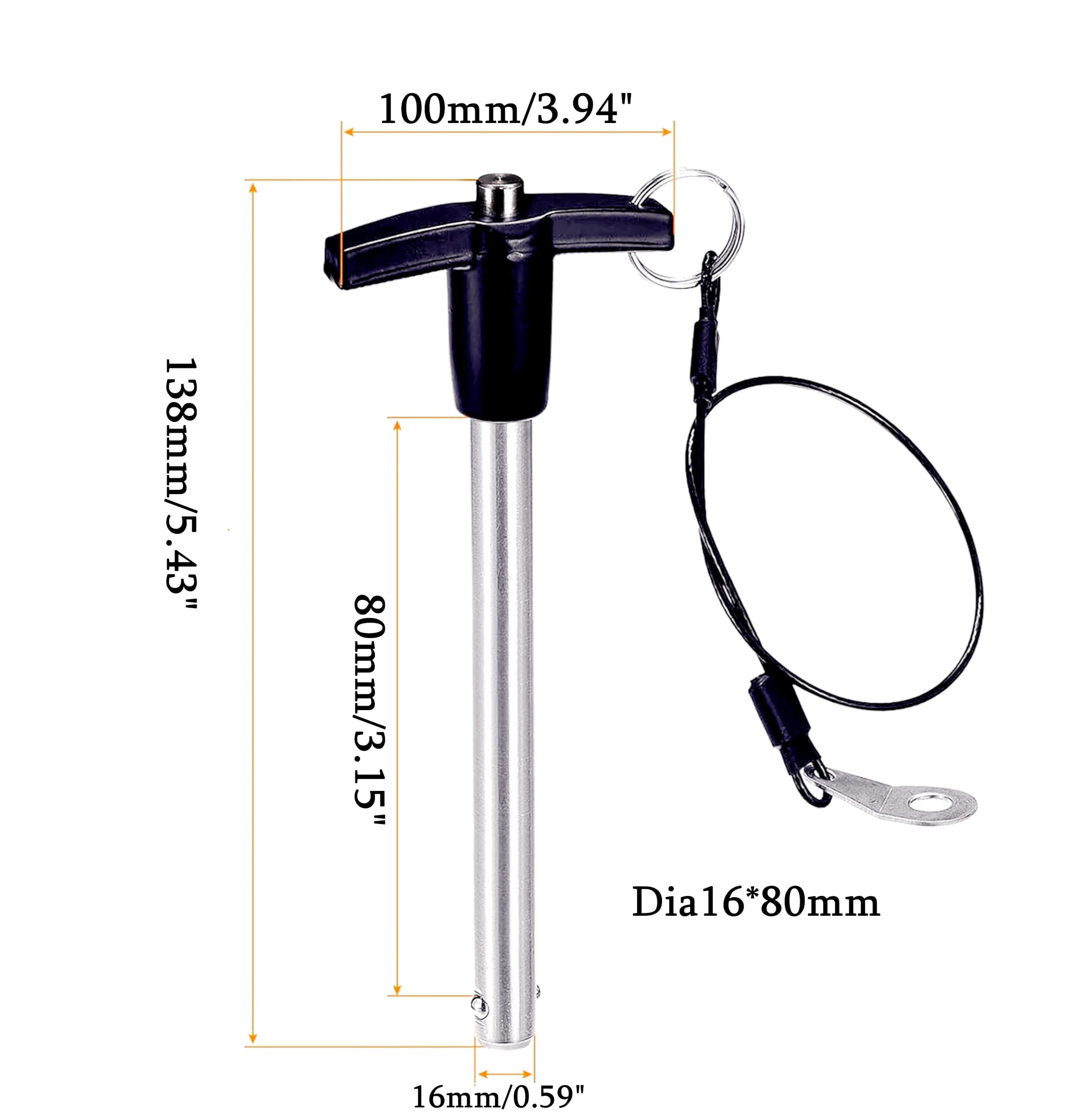 Pasadores de bloqueo de acero inoxidable 304 con botón de liberación rápida, mango en T, diámetro del pin 5/8 pulgadas (16 mm). Longitud de uso: 80 mm con cable de cordón (2 unidades, especificaciones
