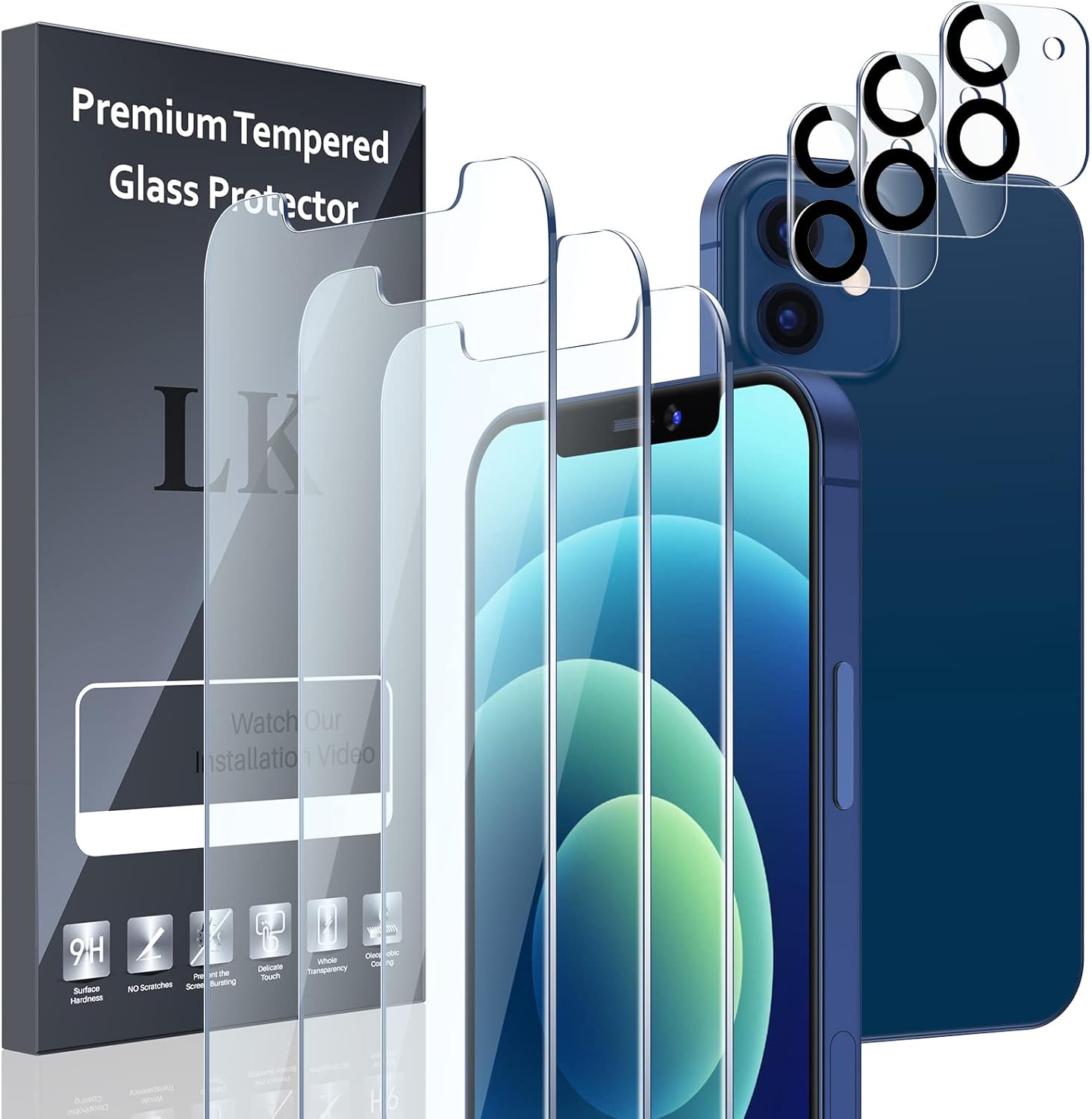 [3+3] LK 3 Pack Screen Protector for iPhone 12 + 3 Pack Camera Lens Protector, Tempered Glass