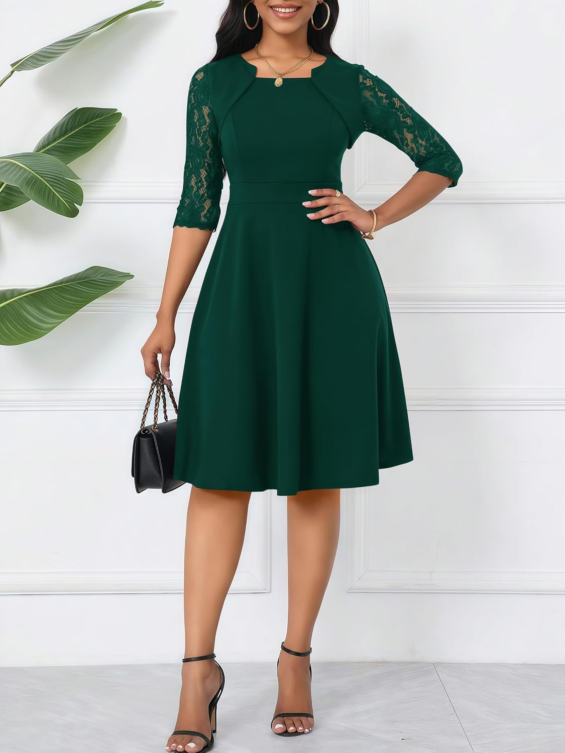 Yajedo Women's Crew Neck 3/4 Sleeve Pleated Midi Dress Elegant A-Line Cocktail Party Formal Dress with Pockets