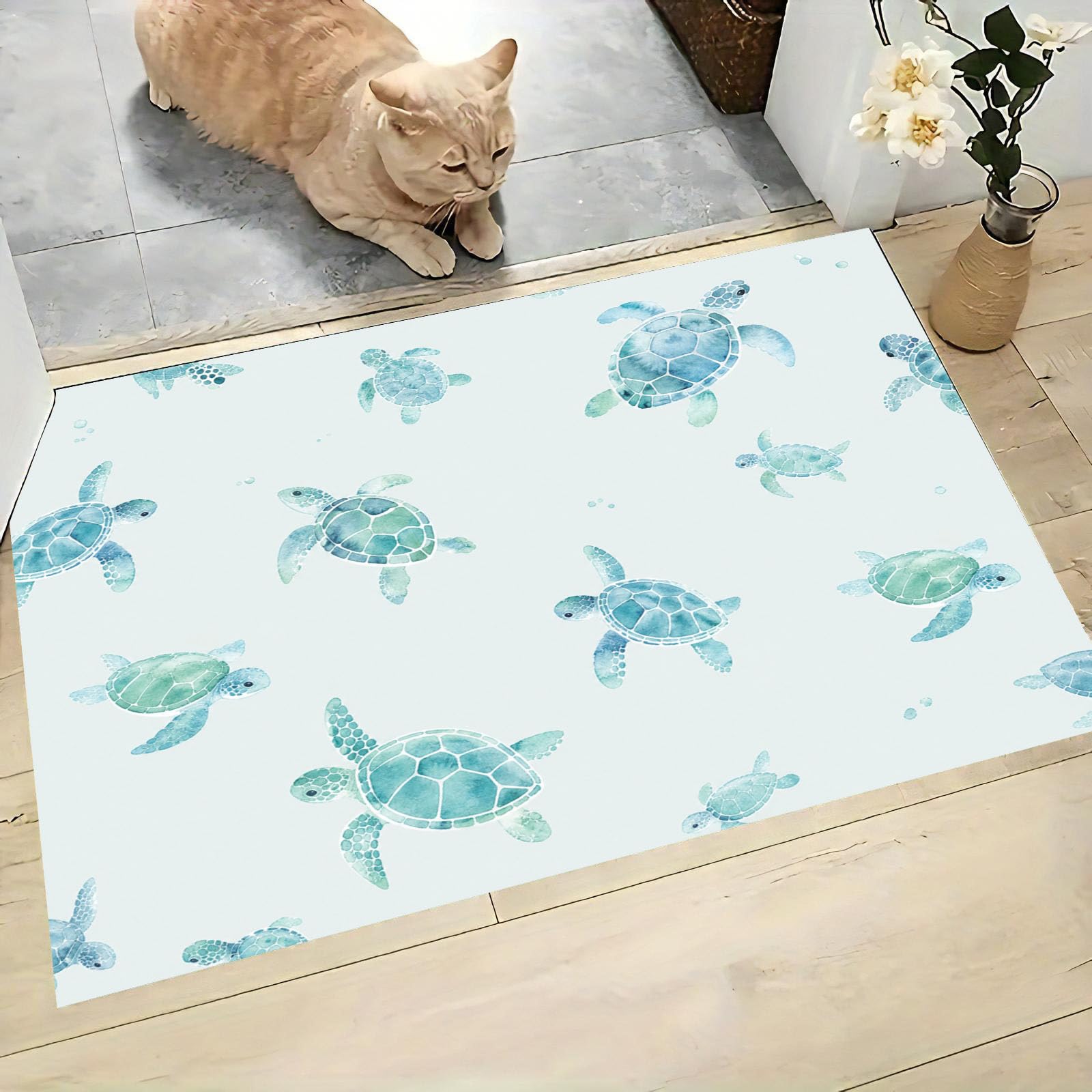 Felpudo Entrada Casa Tortuga Marina 80x120cm | Alfombra de Puerta Estilo De Vida Marina En Acuarela, Felpudo de Bienvenida, Antideslizante, Alfombra Decorativa de Perfil bajo para Pasillo y Sala