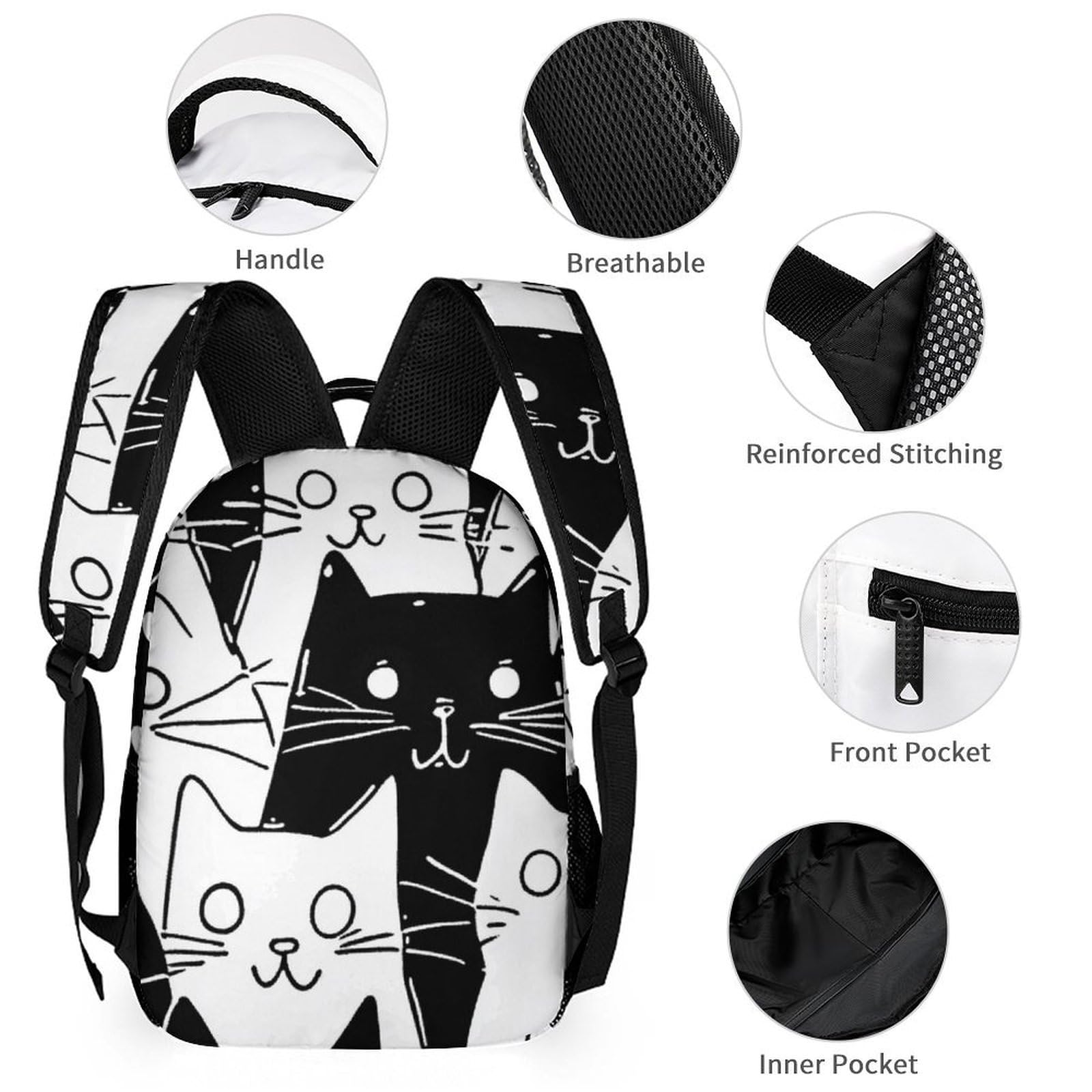 Conjunto de mochila con lonchera, neceseres, bolso de hombro y bolso cosmético con diseño de gato de dibujos animados en blanco y negro.