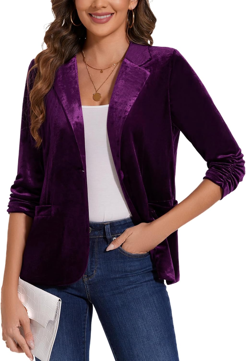 MINTLIMIT Women’s Velvet Blazer Ruched 3/4 Sleeve Jacket Notch Lapel Button Open Front Casual Blazers with Pockets
