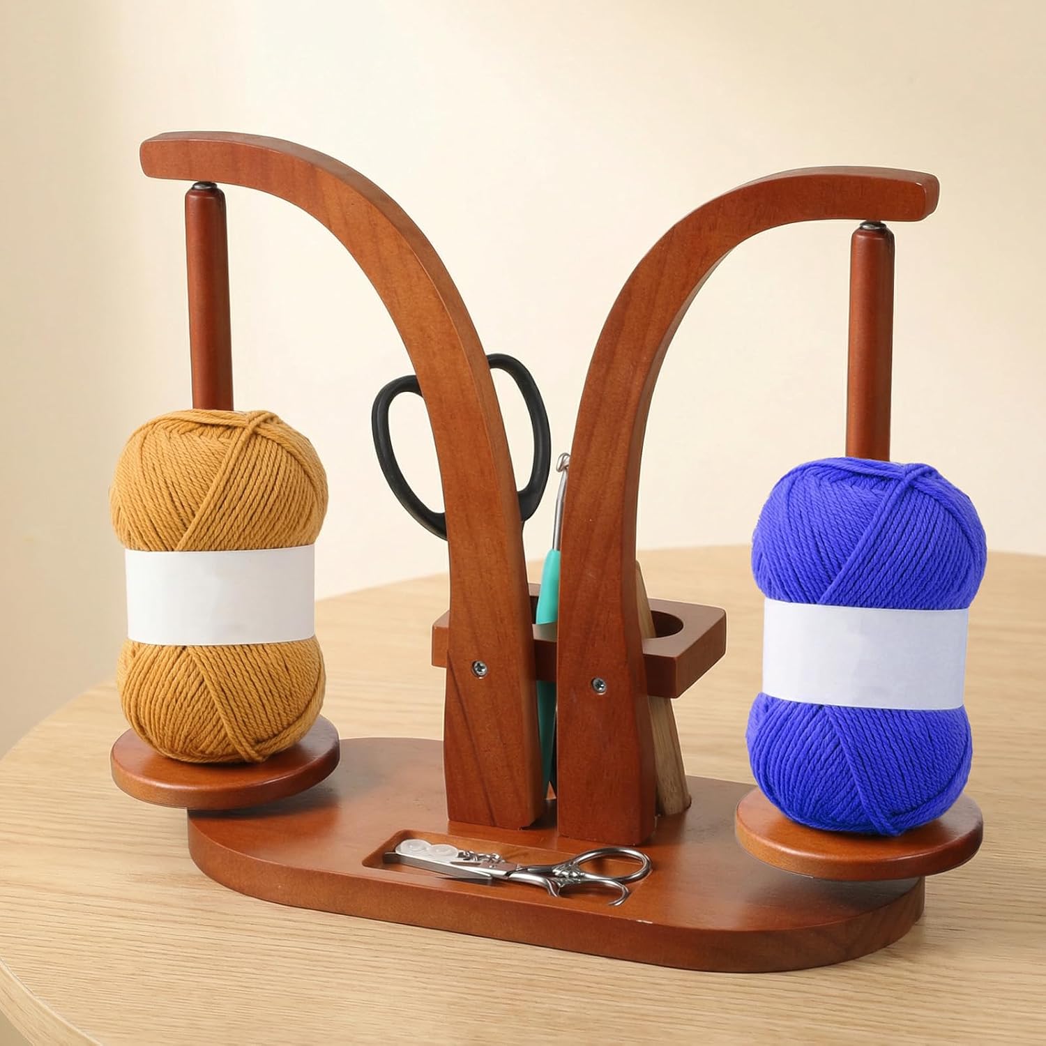 YBEATY Yarn Holder for Crocheting Knitting, Wooden Yarn Ball Holder Spinner with Double Spindles Rotating Mechanism Anti-Slip Pads, Crochet Gift for Knitting Lovers
