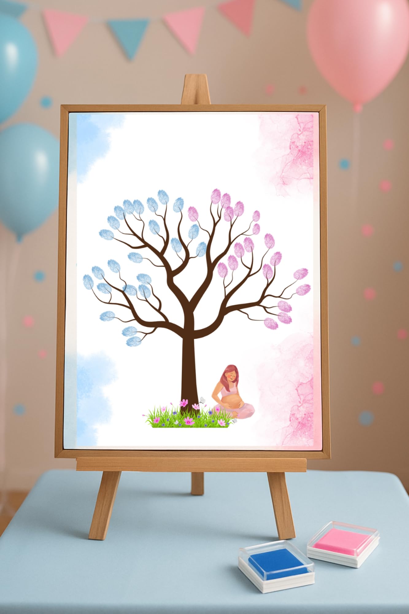 Libro delle firme Bebe Gender Reveal rivelazione di genere| Albero delle impronte promemoria Dolce Aspetta| Carta Acquerello Nascita| Libro Evento Personalizzabile, senza cornice, non