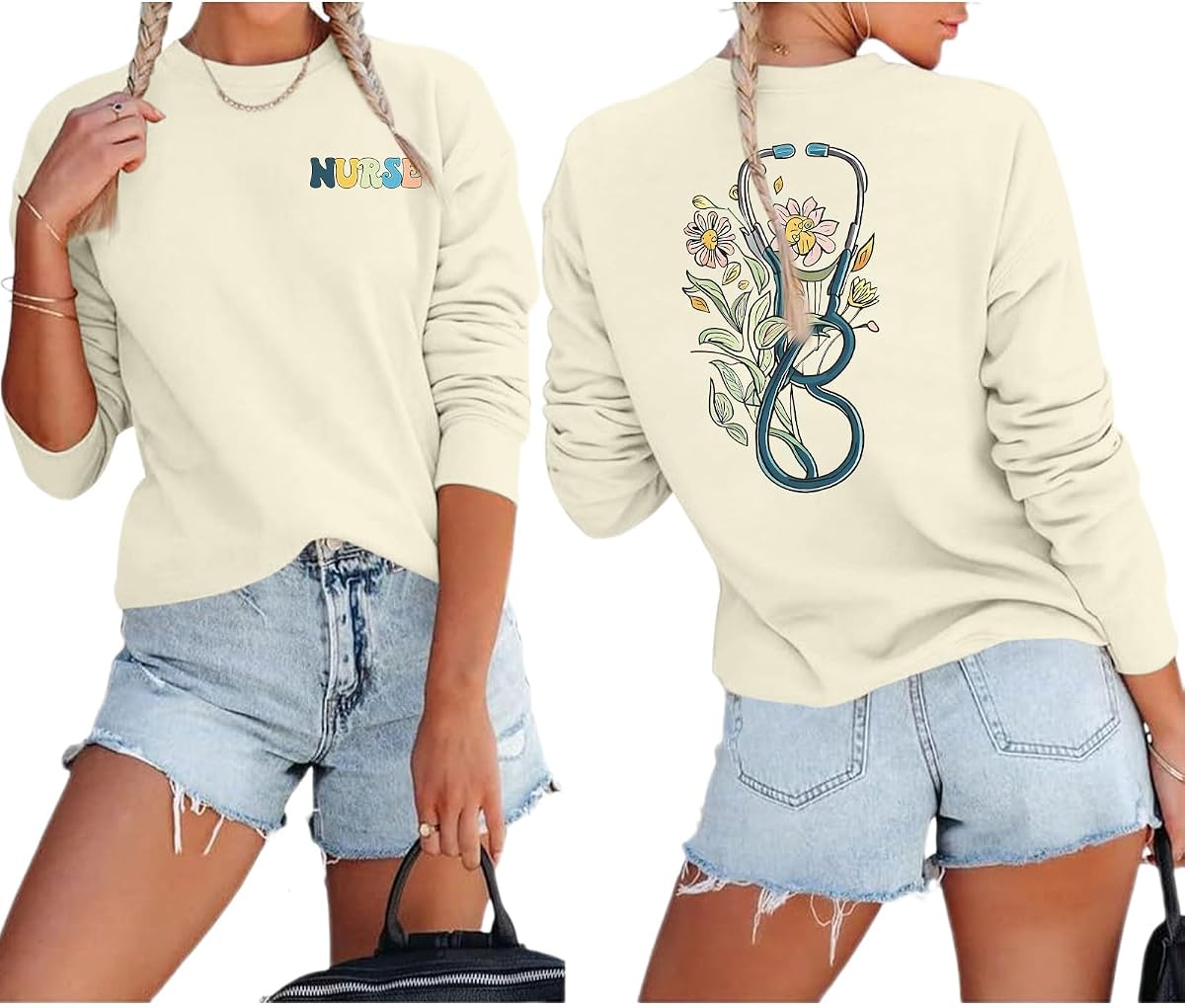 Nurse Graphic Crewneck Sweatshirts for women Floral Stethoscope Lightweight Sweatshirt Pullover Hoodie Nurses Gifts