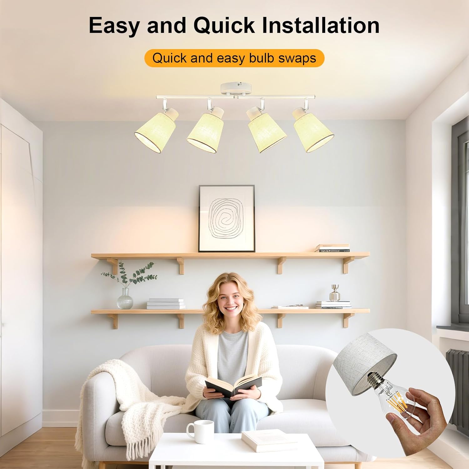 LTBLIGHT 4-Light Track Lighting Kit, Modern White Linen Ceiling Spotlights Fixture, Flexibly Rotatable Track Lighting for Kitchen Living Room Bedroom, E26 Base(Bulb Not Included)