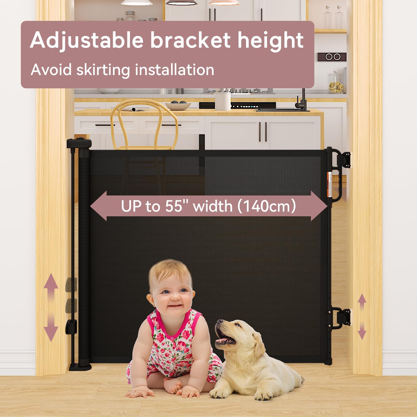 Momcozy Puerta de Escalera Retráctil para Bebé, 33" de Alto, Extiende hasta 55" de Ancho,Diseño Retráctil hacia Arriba y hacia Abajo Puerta de Malla para Perros para Interior/Exterior