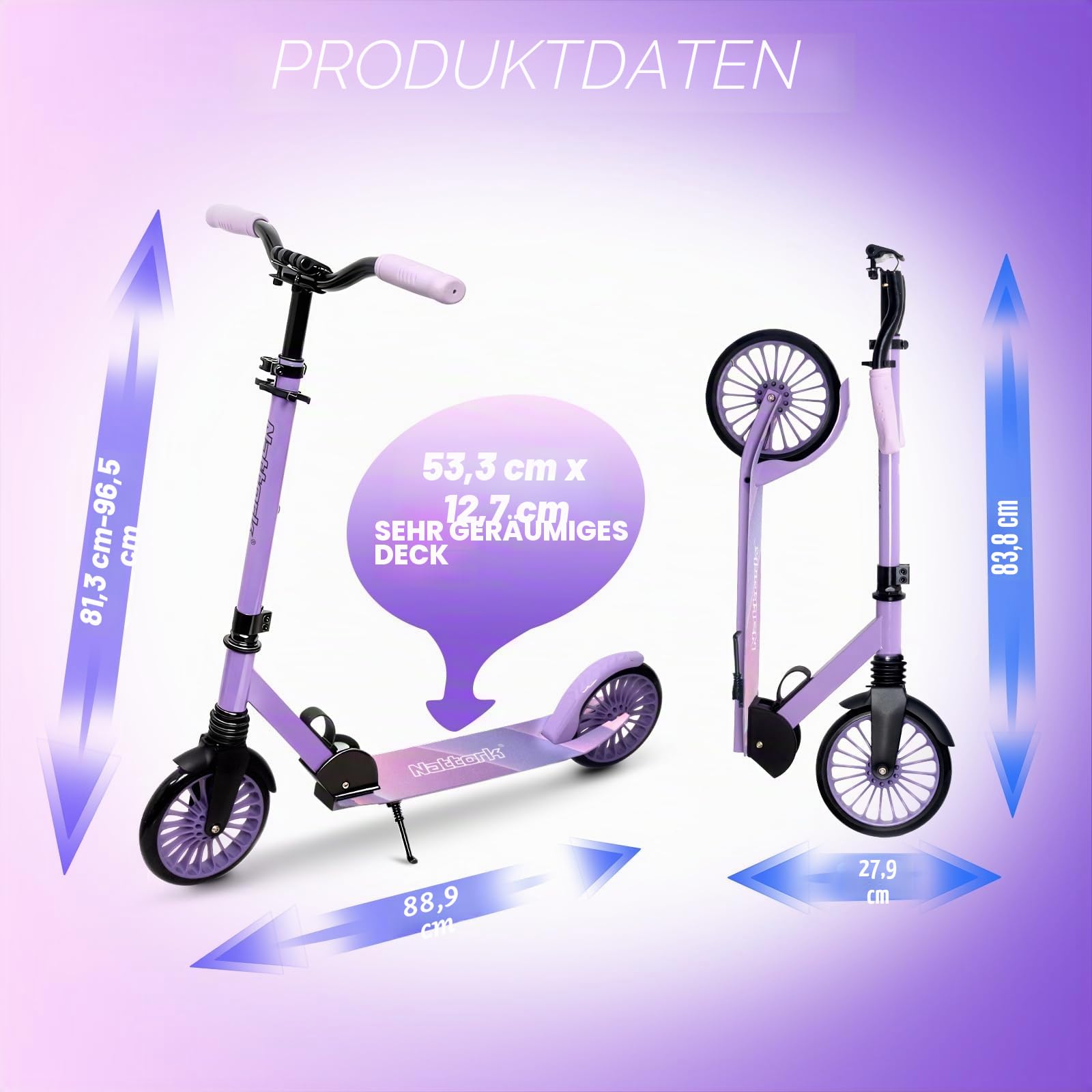 Nattork Kick Scooter - Roller Kinder bis 100 Kg für Teenager & Erwachsene, Cityroller Tretroller Höhenverstellbarer & klappbar, Kinderroller mit 200 mm Große Räder
