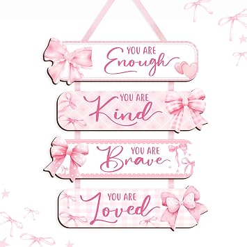 Girl Room Decor Wooden Wall Hanging Signs, Inspirational Quotes Wall Art with Bow Design, You Are Enough Kind Brave Loved, Bedroom Dorm Decor for Girls