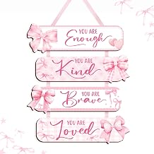 Girl Room Decor Wooden Wall Hanging Signs, Inspirational Quotes Wall Art with Bow Design, You Are Enough Kind Brave Loved, Bedroom Dorm Decor for Girls