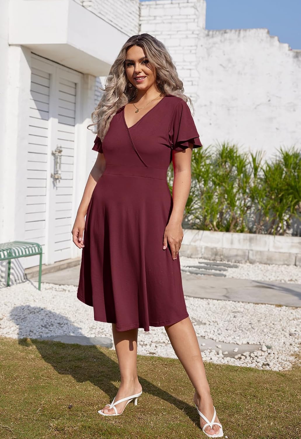 Women's Plus Size V Neck Dress Short Ruffle Sleeve Casual Summer Waistline Tunic Midi Dress with Pockets - Image 5