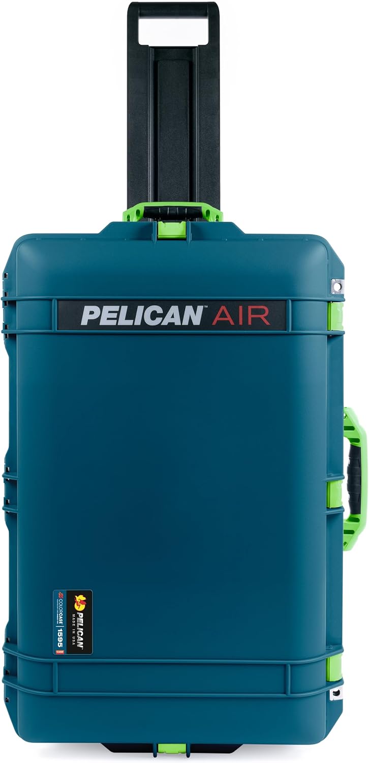 ColorCase Pelican 1595 Case Indigo - Large Sized Waterproof Case with Pick & Pluck Foam & Combo Pouch Lid Organizer- Lime Green Handles & Latches