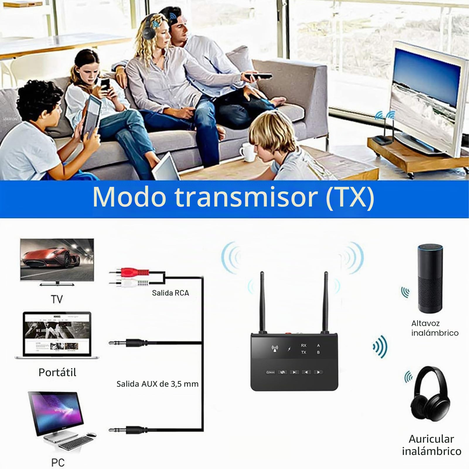 Receptor Transmisor Bluetooth 5,2, Adaptador de Audio Bluetooth HD de Baja Latencia 2 en 1 AptX, Puerto AUX RCA de 3,5mm, para Auriculares Estéreo BT de TV en Casa