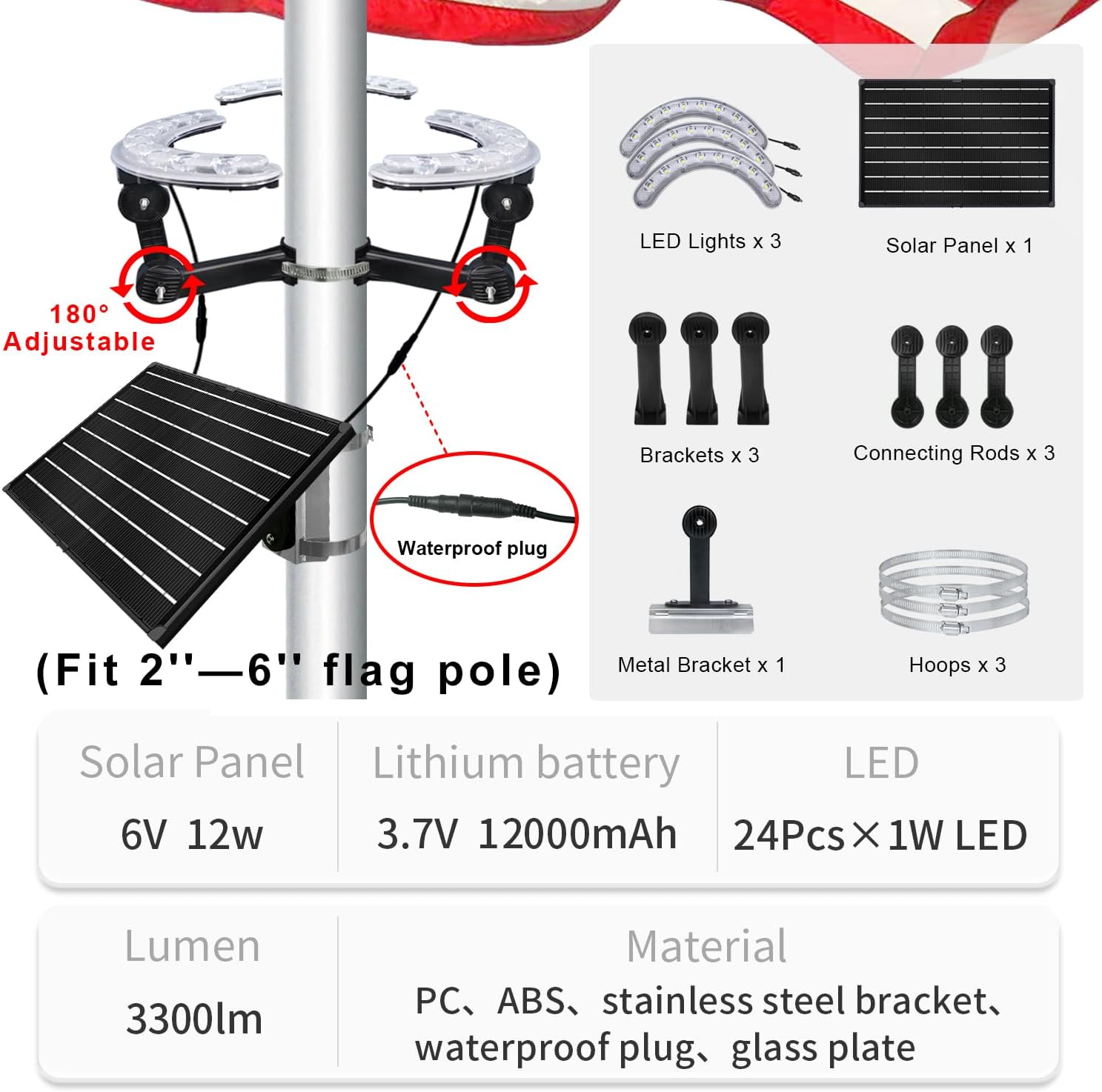 Flagpole Solar Light,3300lm 24 LEDs Super Bright Flag Pole Light Solar Powered,Adjustable Clamp Fits 2-6" Dia 15-40 Ft Outdoor Flag Poles
