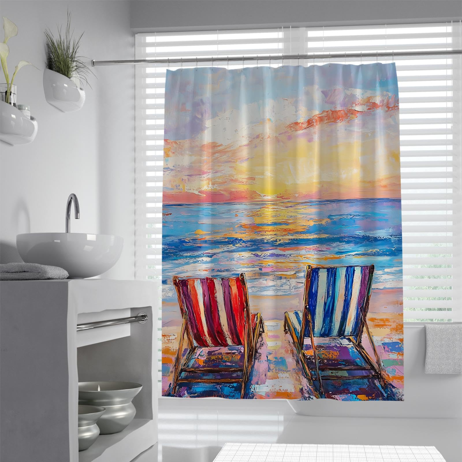 Peinture à l’Huile Style Rideau Douche Doublure Plage Chaise Longue Mer Baignoire Rideaux Accessoires Tissu imperméable Décor Salle Bain avec Crochets 200 x 240 cm