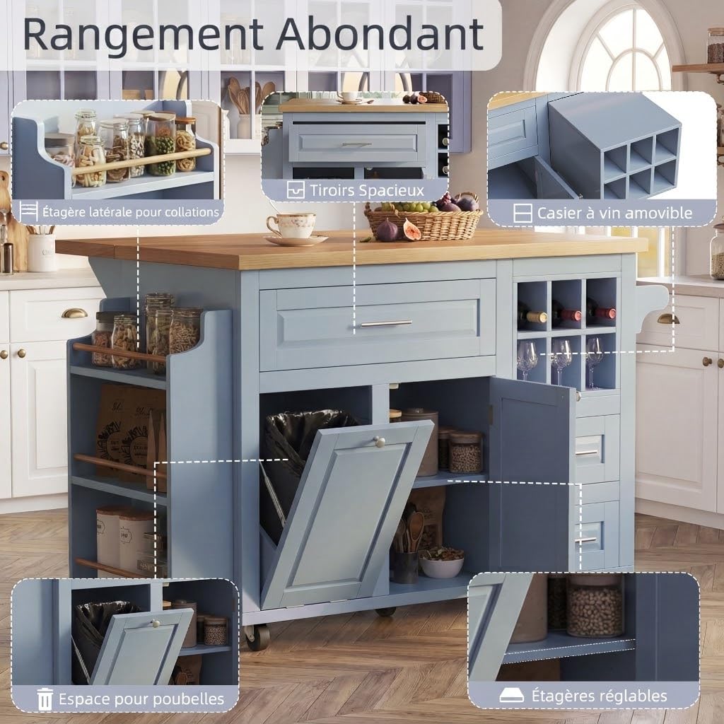 Îlot Central de Cuisine avec Rangement, Meuble de Cuisine avec Plan de Travail Pliable, Desserte de Cuisine avec Porte-Bouteilles et Étagère à Snacks, pour Salle à Manger, Bleu