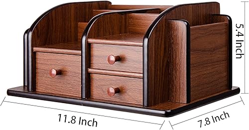 Miniatura 2 de Liry Products - Organizador de escritorio de madera marrón, múltiples compartimentos, 3 cajones, ranuras, 2 estantes, soporte para suministros de