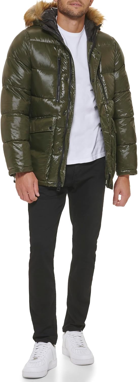 GUESS Men's Mid-weight Puffer Jacket With Fur Lined Removable Hood