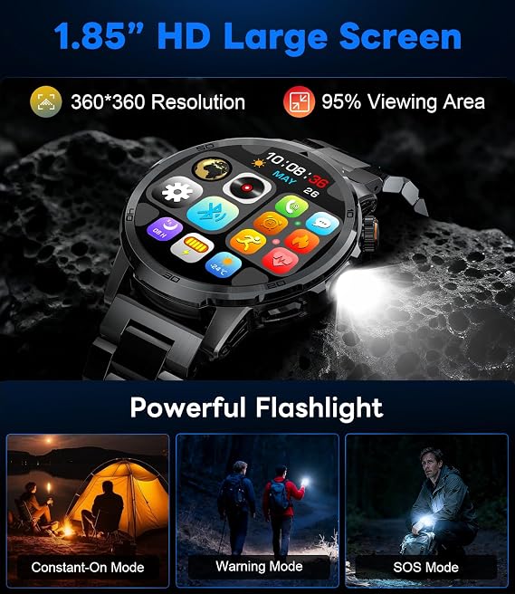Smart Watches for Men 1000mAh 1.85 HD Military IP68 LED Light Sport