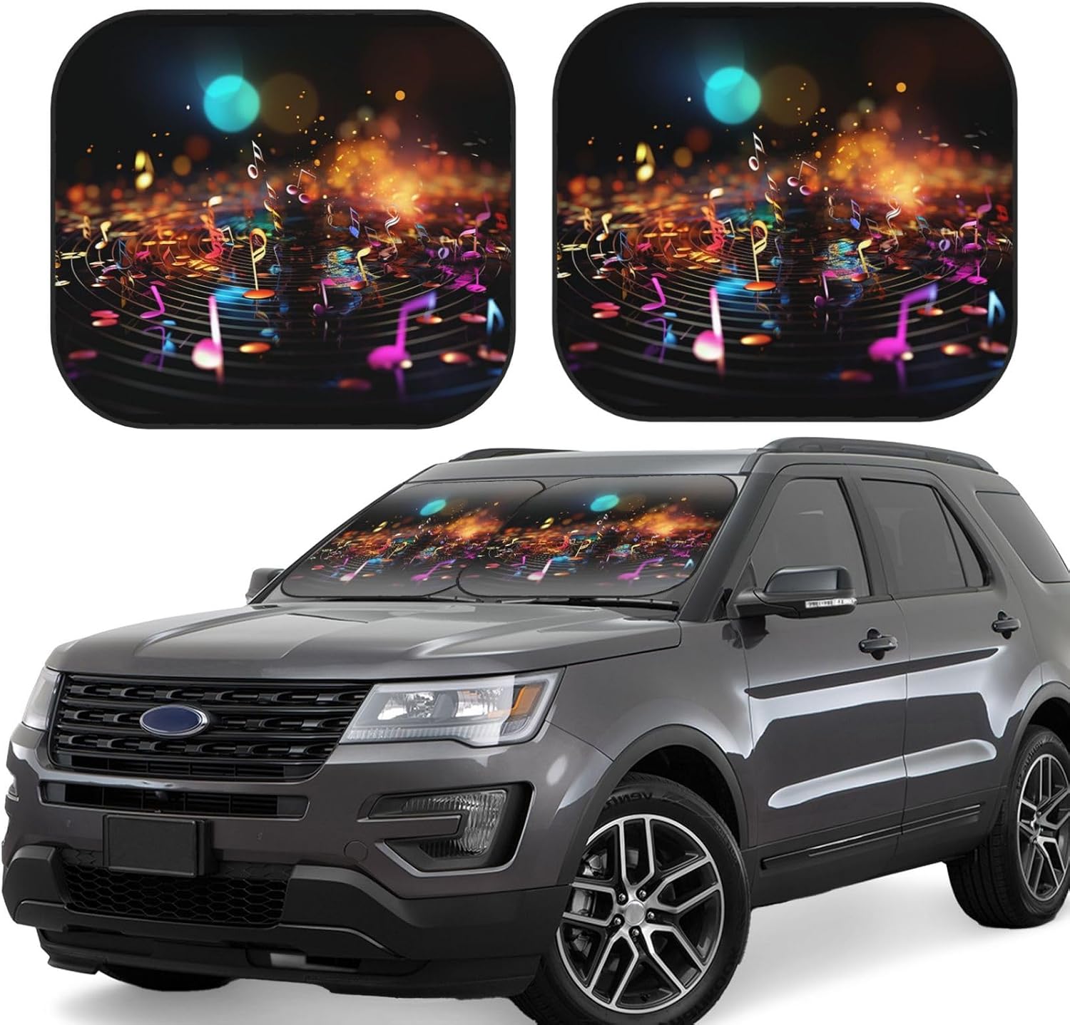 2 Piece Windshield Sun Shade Foldable Car Front Window Sunshade Colorful Music Notes Automotive Front Windshield Cover Shade Blocks UV Rays Car Interior Accessories for Truck SUV Keeps Cool