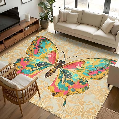 5x8 Area Rugs, Colorful Vintage Butterfly Non-Skid Rubber Backing Large Rectangle Rugs - Living Room Bedroom Home Office, Retro Watercolor Butterfly