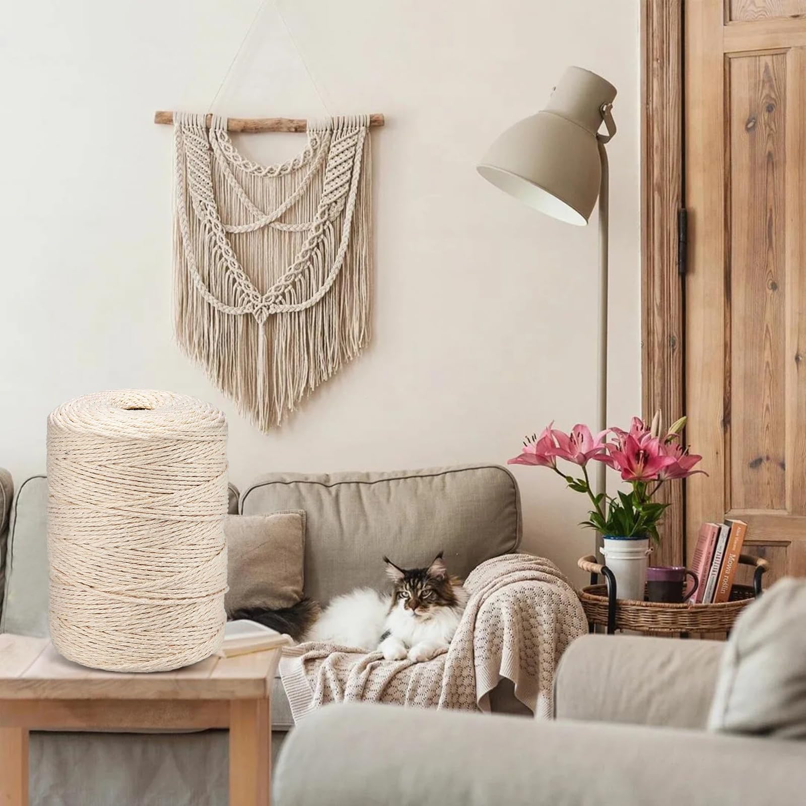 HOVIBU Filo Macramè, 3mm x 300m Corda Macramè in Cotone Premium Beige, Macrame Corda Morbido, Macramè Filo per Artigianato, Piante Sospese, Decorazioni Bohémien, Arazzi, Appendini per Piante