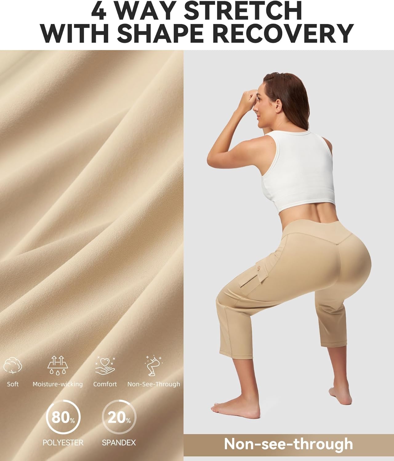 Casei Women's 21" Yoga Capris High Waisted with Pockets Cargo Capri Pants Straight Leg Casual Workout Travel Cropped Pants - Image 6