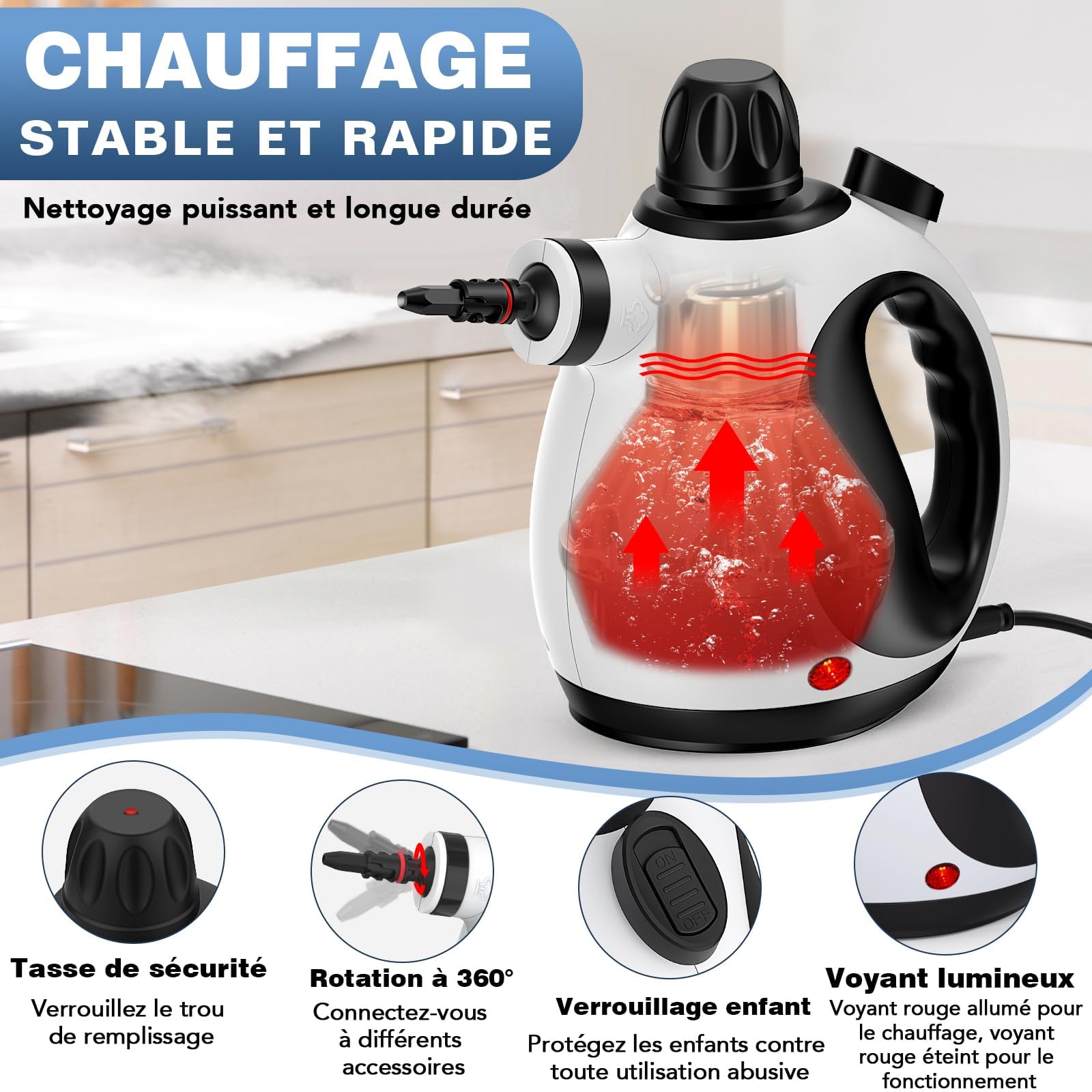 KLONA Nettoyeur Vapeur Portable, 1050W, Nettoyage Haute Température | pour Tapis, Rideaux, Canapés, Cuisine, Salle de Bain | Sans Chimie | Serrure de Sécurité | avec 10 Accessoires