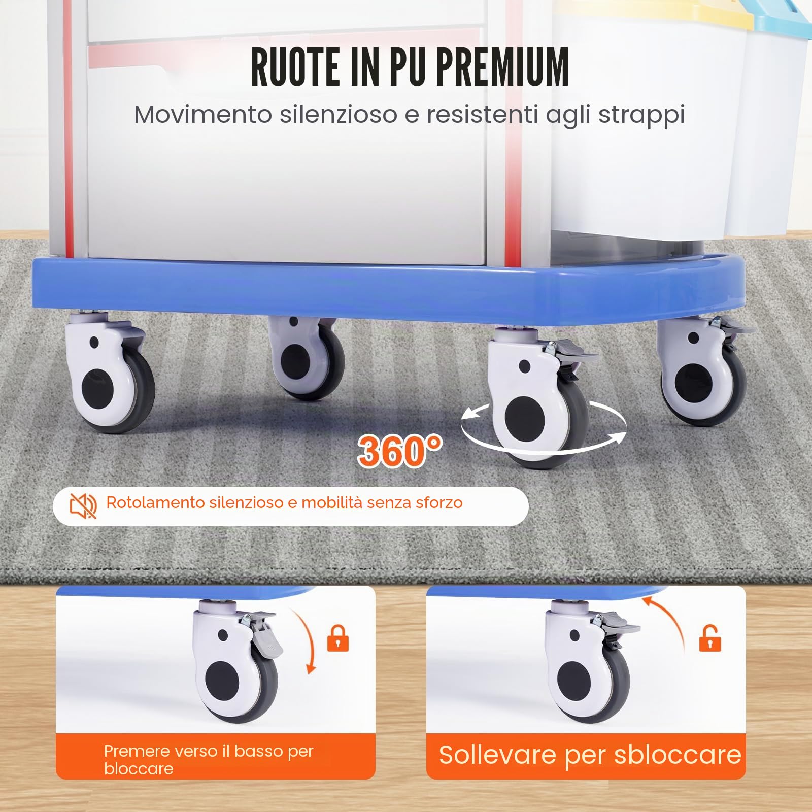 VEVOR Carrello da Laboratorio 5 Ripiani con Cassetti e Ruote Silenziose, PP, Blu