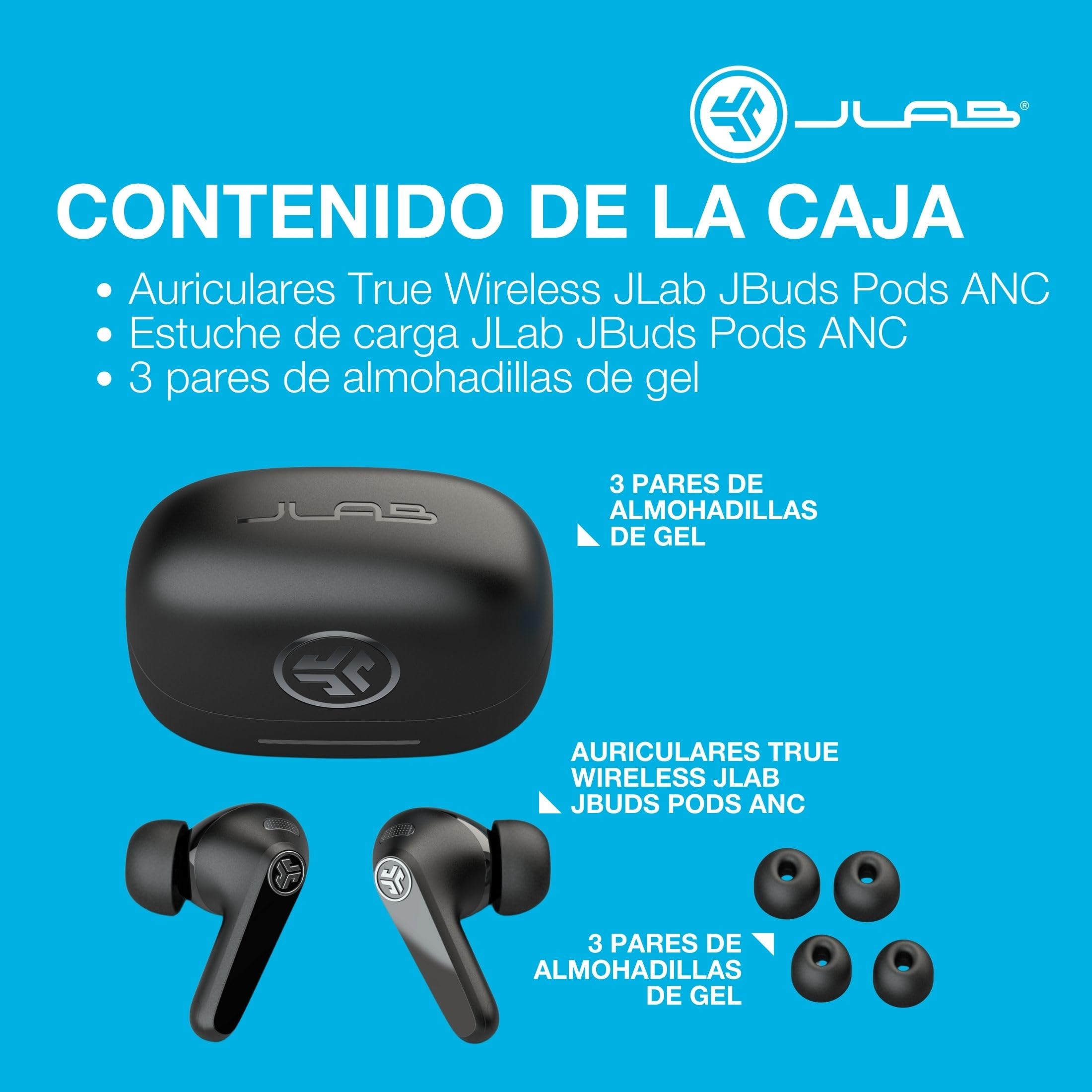 JLab JBuds Pods ANC - Auriculares Bluetooth con Cancelación Activa de Ruido, 56+ Horas, In-Ear, IP55, Audio Personalizable, Control por Aplicación, Conexión Multipunto, Llamadas Nítidas, Negro