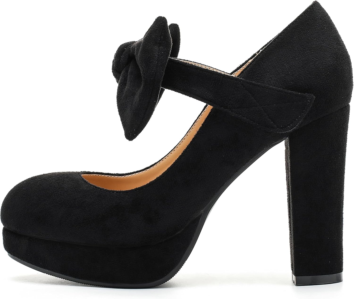 Women's Bow Platform Block High Heel Pumps, Ankle Strap, Removable Bowtie, 4-Inch Heel Dress Shoes