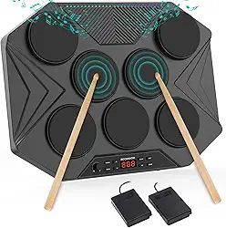 ROCKSOCKI Conjunto de bateria eletrônica de mesa, kit de bateria digital portátil com sensibilidade de 7 velocidades, luz de nível de música LED, suporte USB-MIDI Mac e PC, presente ideal para adultos
