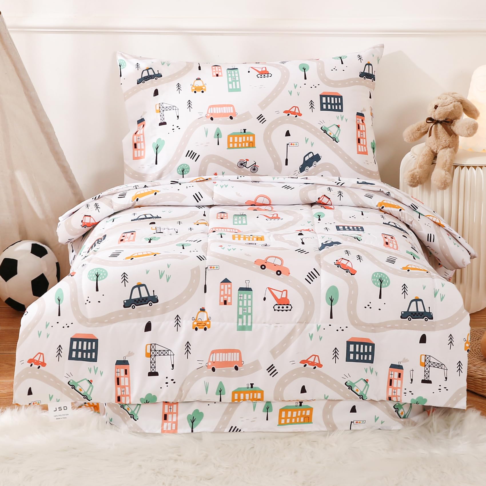 JSD 4 Piece Cars Toddler Bedding Set, Girls Boys Printed Microfiber Comforter Set, Includes Flat Sheet, Fitted Sheet, Quilted Comforter and Pillowcase