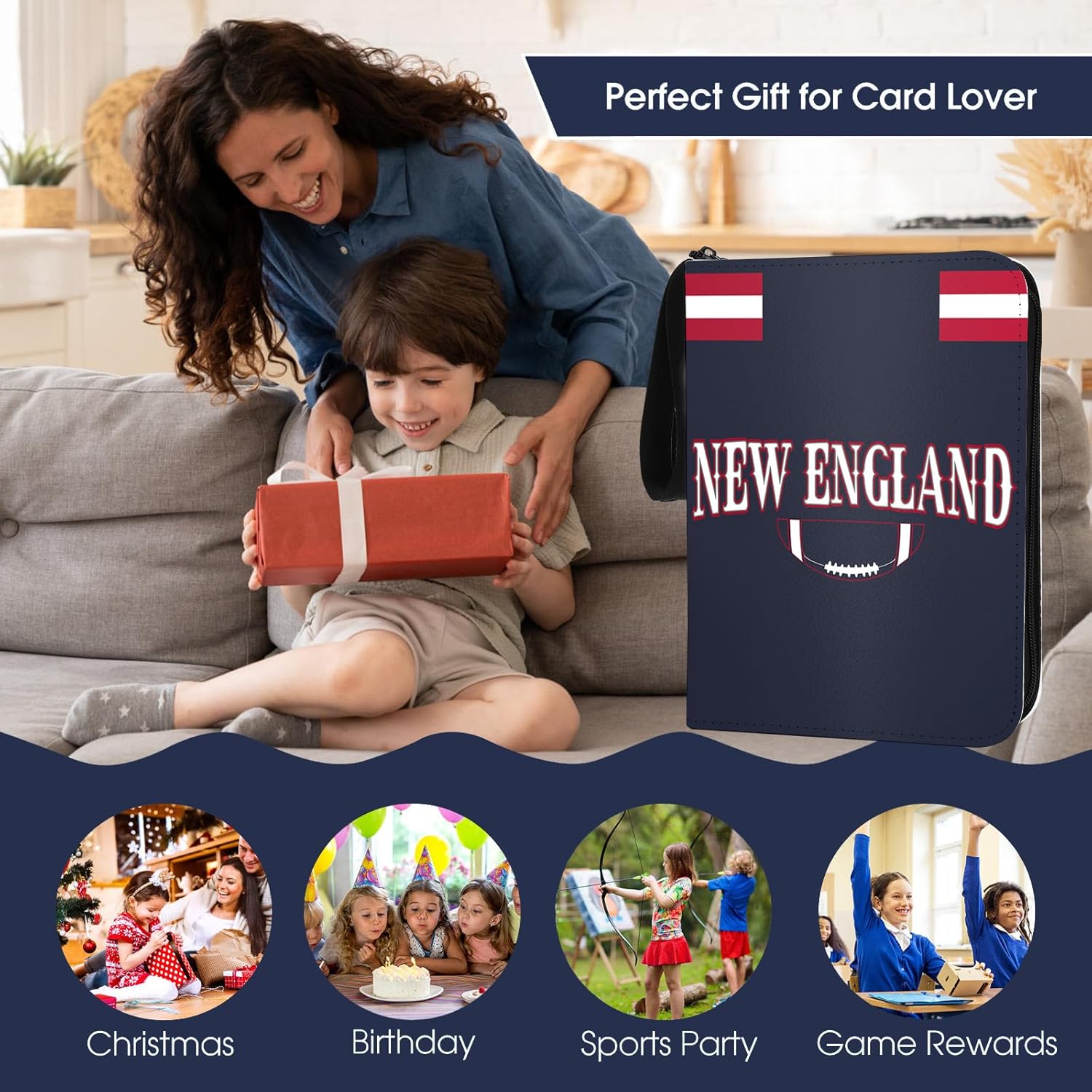 Football Card Binder with Sleeves 900 Pocket, New England Football Card Holder for Trading Cards Sports Card 3 Ring Binder Folder Collector Album Storage Book Case Kids Boys Girls Gift