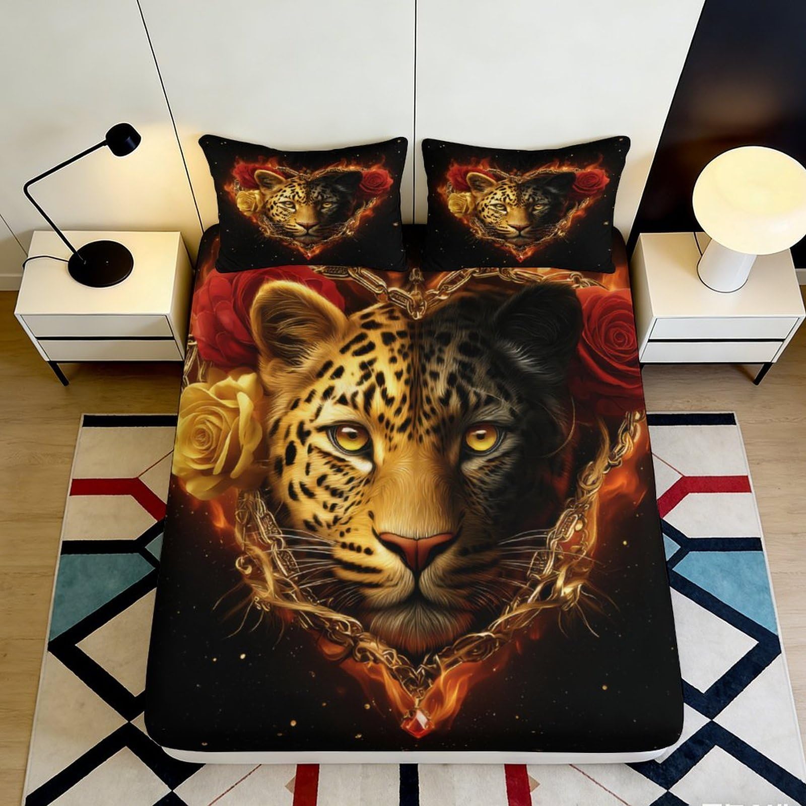 3D Printed Leopard Face Fitted Sheet Microfiber Soft Anti-Slip Wild Heart Bed Cover Machine Washable for Bedroom Dorm 90x200x25cm