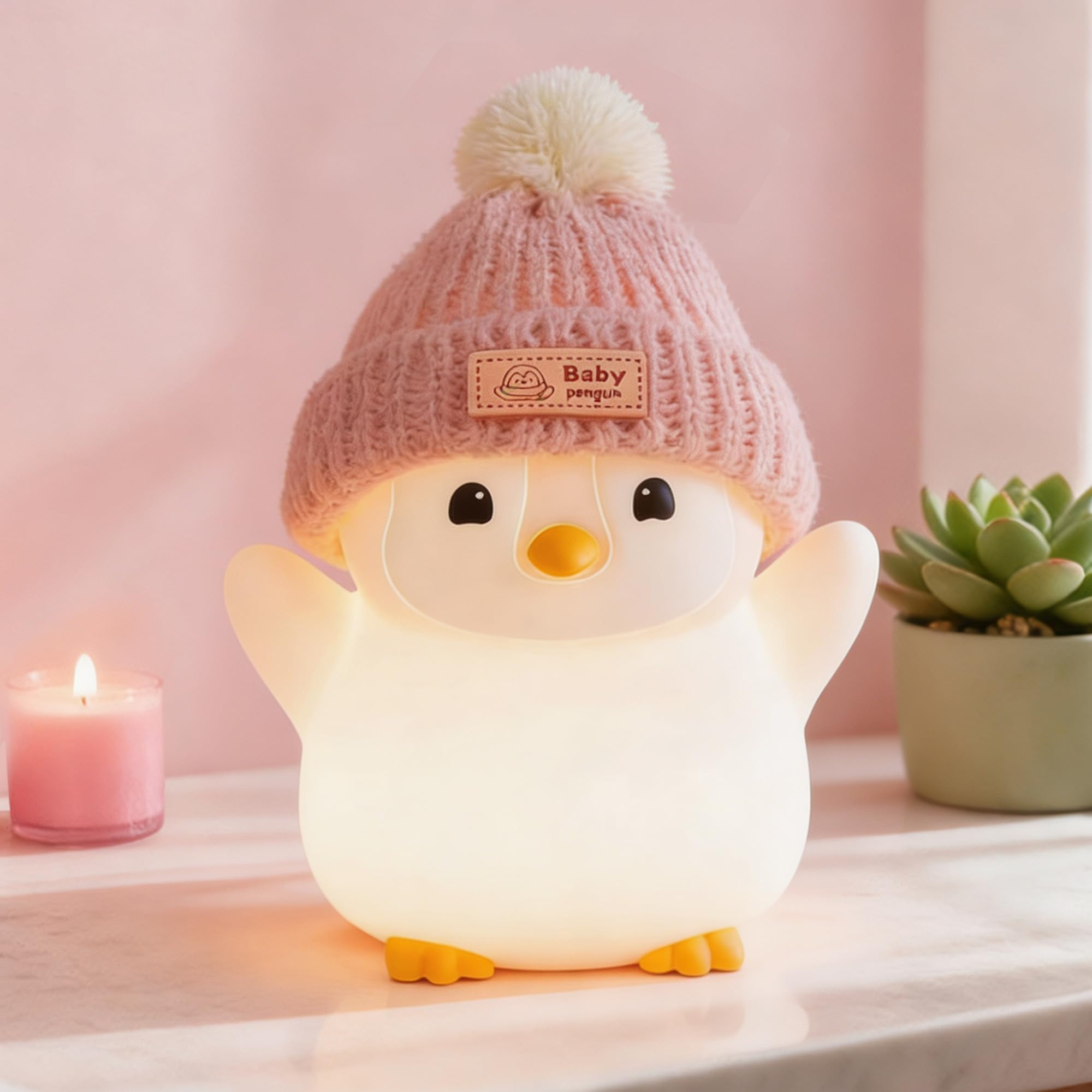 FAMIDUO Penguin Night Light for Kids,Pink Penguin Lamp with Knit Hat