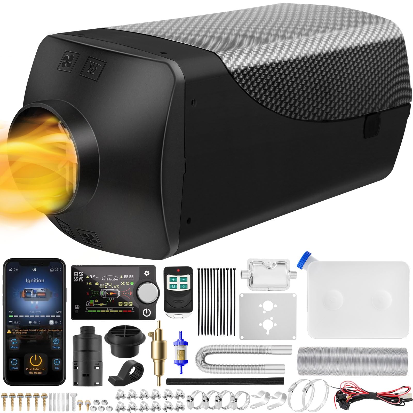 VELPAX Calentador Diésel Portátil Todo en Uno 12V 5KW,Bluetooth App Calentador de Aire Diesel 0,16-0,52 L/h LCD de Control Remoto,Adecuado para Autocaravanas,Coches,Camiones,Autobuses