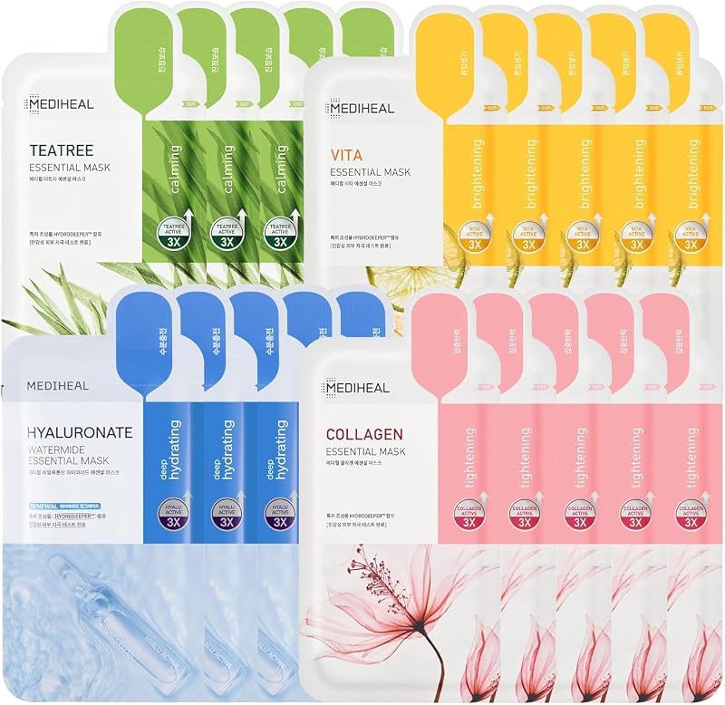 MEDIHEAL Sheet Mask Essential HERO Paquete de 20 (colágeno, árbol de té, Vita, hialuronato) | Mascarilla facial coreana para el cuidado de la piel combinada hidratante, calmante y para imperfecciones