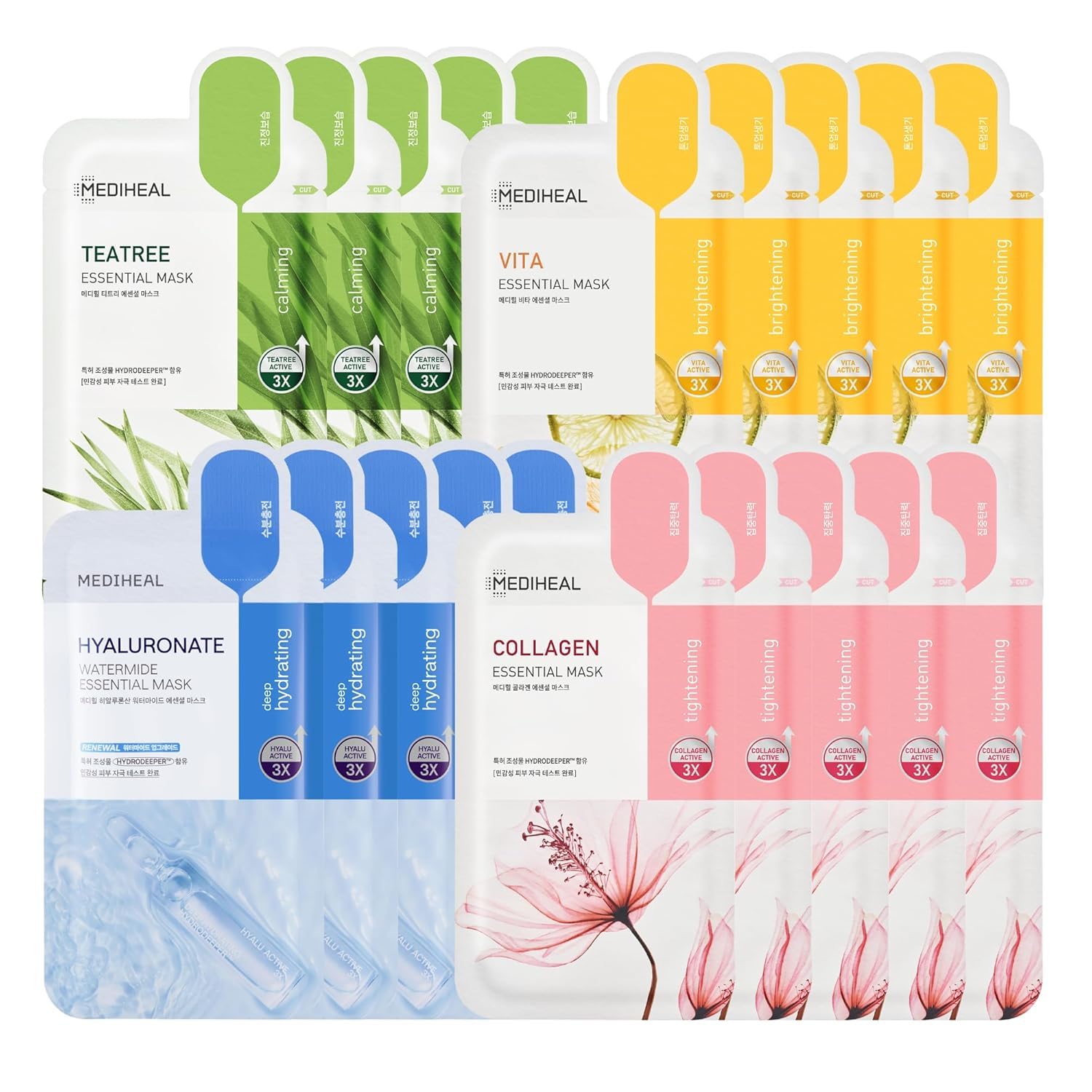 Mediheal Sheet Mask Essential HERO 20 Pack (Collagen, Tea Tree, Vita, Hyaluronate)| Korean Skincare Facial Sheet Mask Combo Moisturizing, Soothing and for Blemishes
