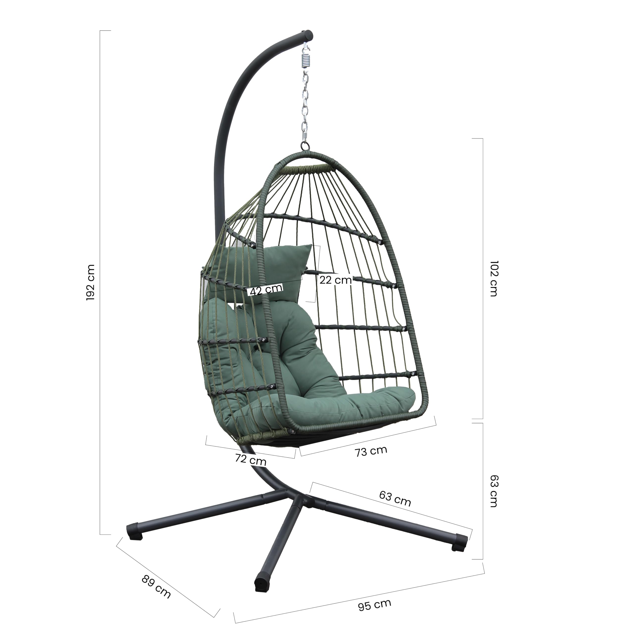Brigros - Sedia A Dondolo Sospesa Da Esterno Modello Rawak Con Supporto A Terra In Acciaio, Poltrona Sospesa Da Giardino Pieghevole Con Corda E Cuscino Impermeabile (Verde)