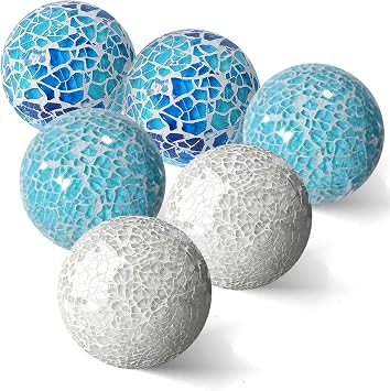 3 in Decorative Orbs Glass Balls Set of 6,Mosaic Sphere Globe for Whole Housewares,Wedding/Birthday,Bowls,Vases Dining Table CenterpiecesWhite,Ocean Blue,Light Blue