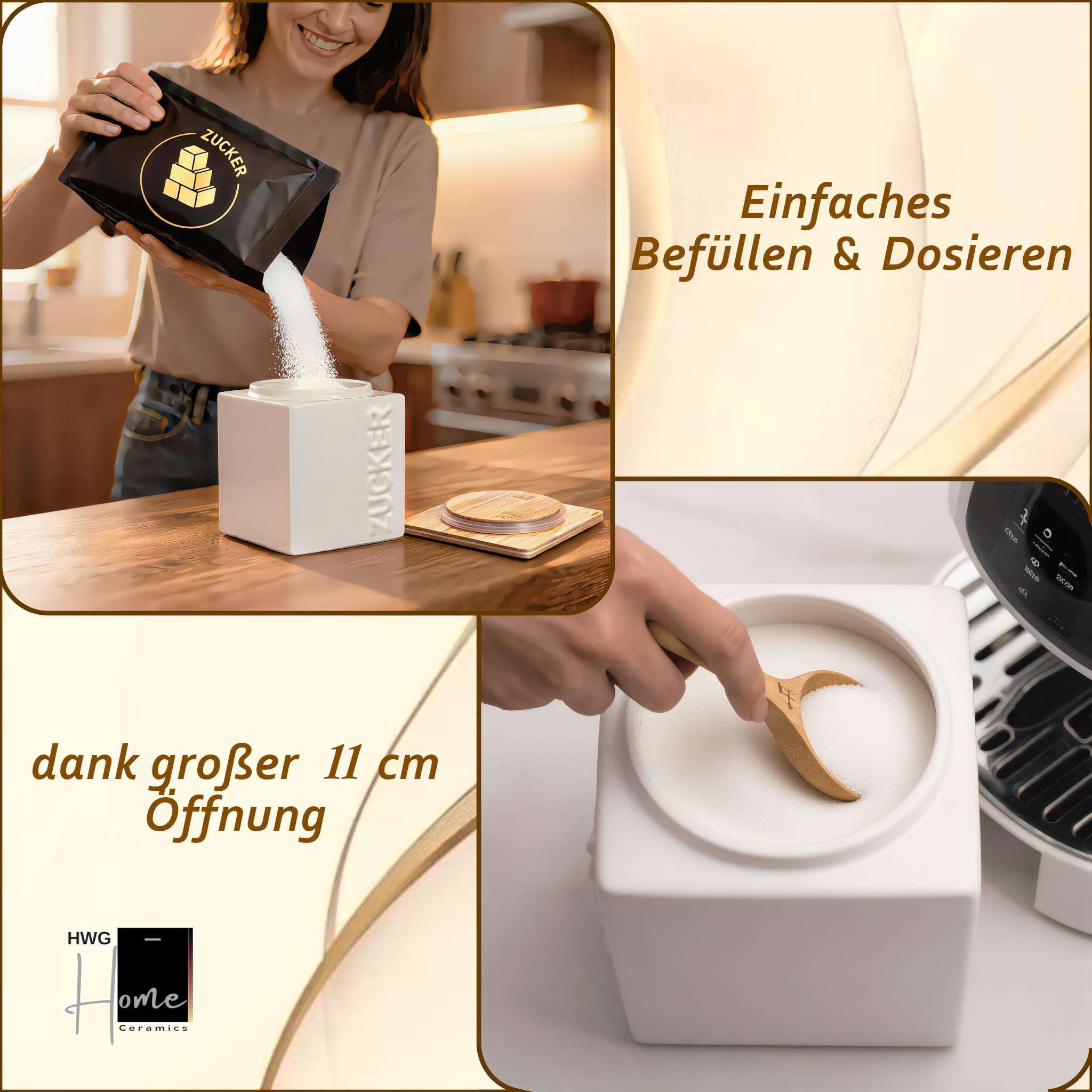 Zuckerdose luftdicht 1kg – Keramik Zuckerbehälter inkl. Bambus Messlöffel - Bambusdeckel für lange Haltbarkeit - eckig & platzsparend stapelbar - Weiß & Anthrazit